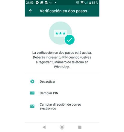 Desde este menú puedes activar o cambiar el PIN de la verificación en dos pasos