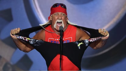 Terry Bollea, whose wrestling nickname is Hulk Hogan, speaks at the Republican National Convention in Milwaukee in July.