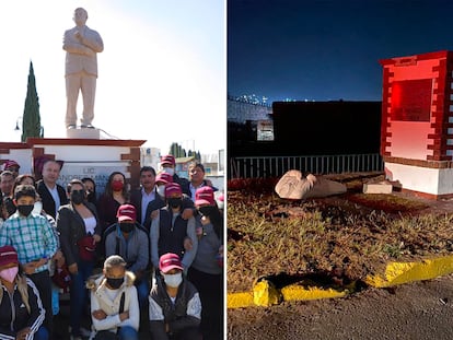 A la izquierda, la develación de la estatua de López Obrador en Atlacomulco, el pasado 29 de diciembre. A la derecha, la figura luego de ser derribada las primeras horas de este año.