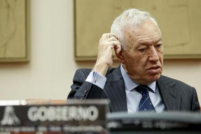 El ministro de Exteriores, José Manuel García-Margallo, durante su comparecencia en la Comisión de Exteriores del Congreso, hoy en la Cámara Baja.