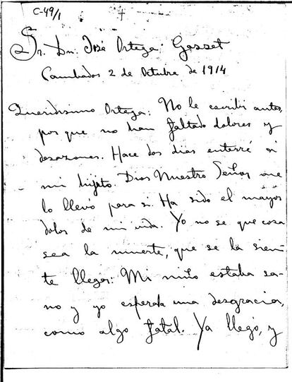 Carta de Valle-Inclán a Ortega, del 2 de octubre de 1914, desde Cambados (Pontevedra).