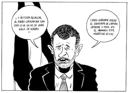 "¿Queréis que comente esta viñeta? ¿Habéis oído hablar de la Ley Mordaza? ¡Demasiado que la he dibujado! Bueno, la comento, no pasa nada: está protagonizada por Su Majestad el Rey Don Felipe VI, y seguro que lo que dice en ella es sensato y digno de un Jefe de Estado".