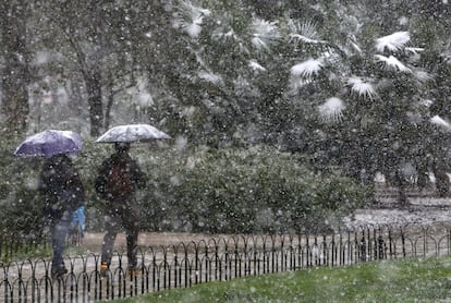 Dos personas se protegen con paraguas mientras nieva en el Parque del Retiro de Madrid.