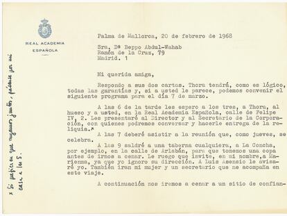 Carta de Camilo José Cela a la pintora Beppo Abdul-Wahab sobre el hueso del Cid Campeador.