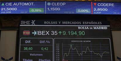 Vista de un panel de la Bolsa de Madrid del principal indicador de la Bolsa española, el IBEX 35.