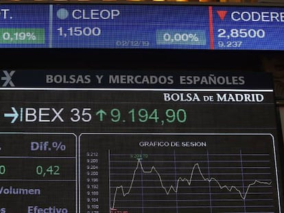 Vista de un panel de la Bolsa de Madrid del principal indicador de la Bolsa española, el IBEX 35.