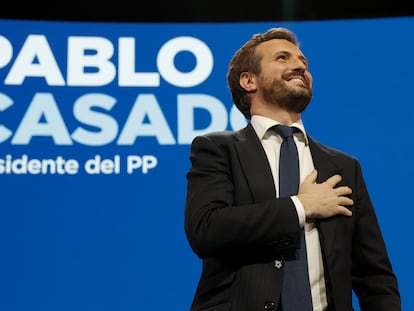 El presidente saliente del PP, Pablo Casado, durante el XX Congreso Nacional del partido en Sevilla este viernes.