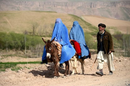 Dos mujeres afganas montan en burro por una carretera de la provincia de Badghis (Afganistán).