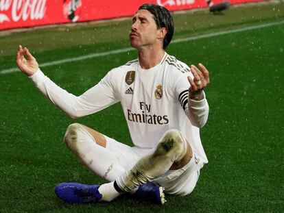 El jugador del Real Madrid Sergio Ramos celebra el 0-1.