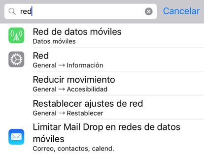 Con iOS 9, si accedes a los Ajustes, directamente en la parte superior puedes escribir qué es lo que quieres configurar. Si escribes "Red", por ejemplo, podrás configurar todo lo relacionado con las redes de datos móviles.