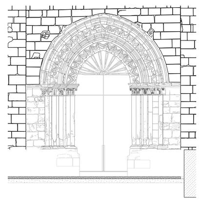 Dibujo de la portada de Santa María Mave (Palencia), una iglesia que se acabó de construir en el año 1200 y que fue monasterio benedictino. Posee tres ábsides y tiene una extraordinaria acústica para oír misa y conciertos.