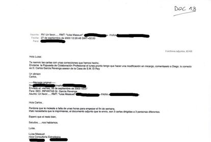 En este correo, Carlos García Revenga pide a la secretaria de Nóos que le haga figurar como asesor de la Casa del Rey.