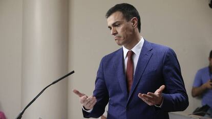 Pedro S&aacute;nchez durante una rueda de prensa en el Congreso. 