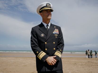 Rear Admiral Keith B. Davids, commander of U.S. Navy Special Forces, on Omaha Beach. 