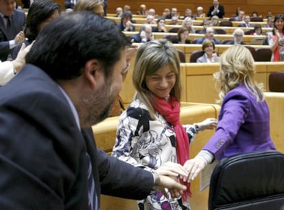 El ministro de Trabajo, Francisco Caamaño, la ministra de Igualdad, Bibiana Aído, y la senadora Leire Pajín juntan sus manos hoy en el Senado durante la tramitación de la ley del aborto en esta Cámara.