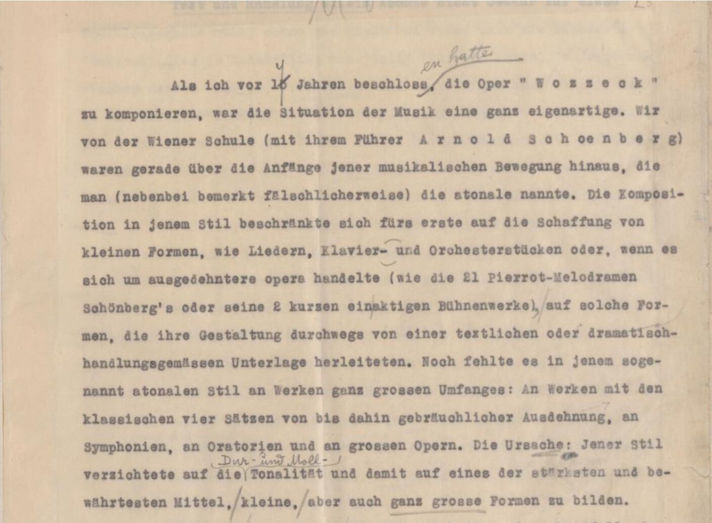 Comienzo del original mecanografiado, con anotaciones manuscritas, de la conferencia de Alban Berg sobre 'Wozzeck' con motivo de su estreno en Viena, su ciudad natal, en 1930.