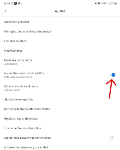 Iniciar Maps con la vista desde el satélite.