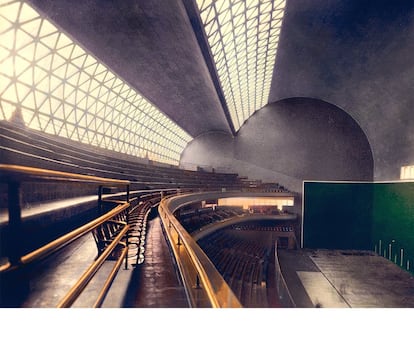 Interior del Frontón Recoletos, en 1935, en una imagen atribuida a Juan Pando Barrero, coloreada en fecha reciente por Tina Paterson.