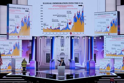 Donald Trump speaks in front of graphics about illegal immigration in the U.S. during the Republican National Convention in Milwaukee, Wisconsin, last July.