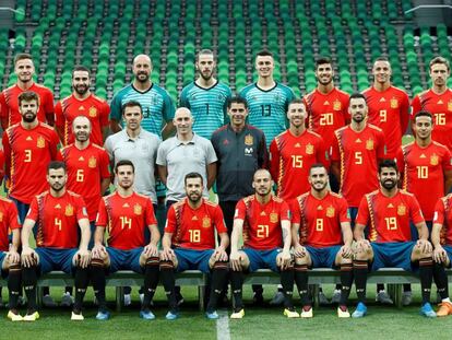 Fotografía oficial de la Selección Española de Fútbol en Rusia, antes del encuentro frente a Marruecos