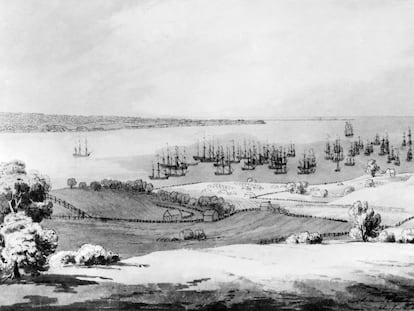 Dibujo a tinta titulado 'Vista del estrecho entre Long Island y Staten Island con la flota anclada de lord Howe', en julio de 1776.