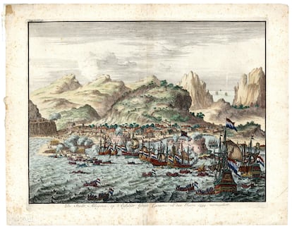 Grabado de la Armada holandesa de 1599, atacando Gran Canaria.