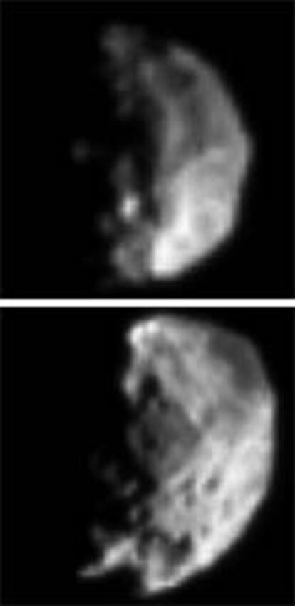Dos imágenes de Febe captadas por <i>Cassini</i> durante la aproximación.