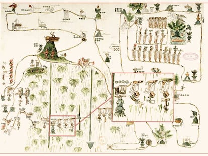 Facsimilar del 'mapa de Sigüenza', que describe la migración de los aztecas desde Aztlán hasta Tenochtitlan. Está resaltado el códice que representa Temazcaltitlan, ubicado ahora en el céntrico barrio de La Merced, en Ciudad de México