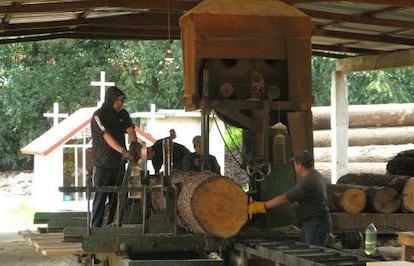 Men working in a sawmill in Agua Bendita.