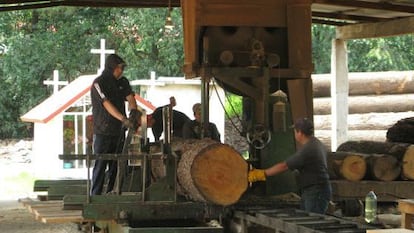 Men working in a sawmill in Agua Bendita.