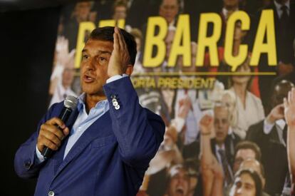 Joan Laporta, durante un discurso en su sede. 