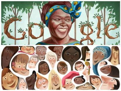 Arriba, el 'doodle' dedicado a Wangari Maathai, activista ecologista y política keniana. Abajo, uno hecho con motivo del día de la mujer.