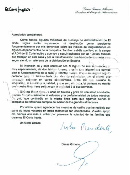 La carta de Dimas Gimeno a sus empleados.