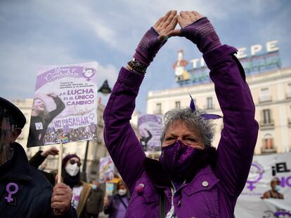 Women protest in Plaza del Sol square in Madrid for International Women’s Day.