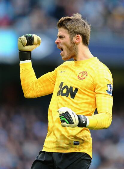 David De Gea celebra el primer gol de su equipo.