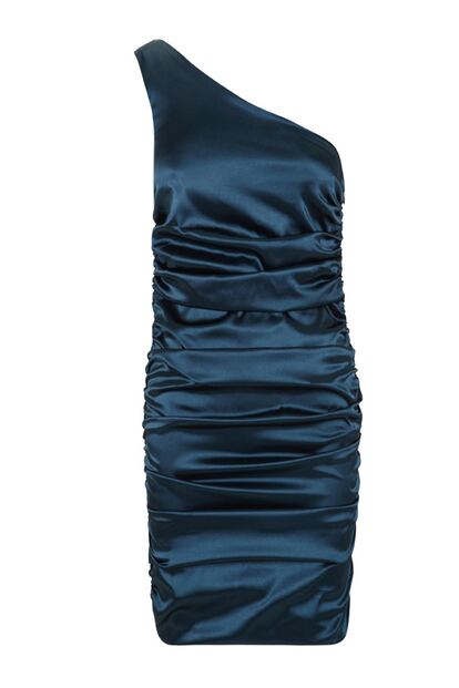 Vestido drapeado azul petróleo con escote asimétrico, de Blanco. Precio: 35,99 euros. 