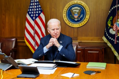 El presidente de los Estados Unidos, Joe Biden, en Camp David, este sábado.