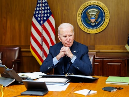 El presidente de los Estados Unidos, Joe Biden, en Camp David, este sábado.