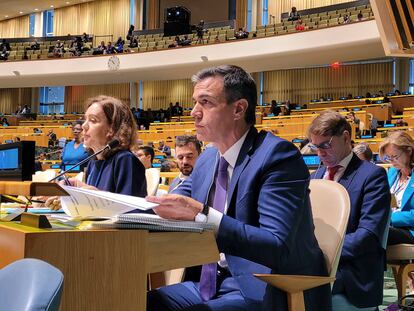Pedro Sánchez, en la Cumbre sobre los Objetivos de Desarrollo Sostenible (ODS) en la ONU, este lunes en Nueva York.