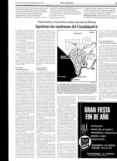 Nota de diciembre de 1977 en la que se habla de las amenazas de Doñana.