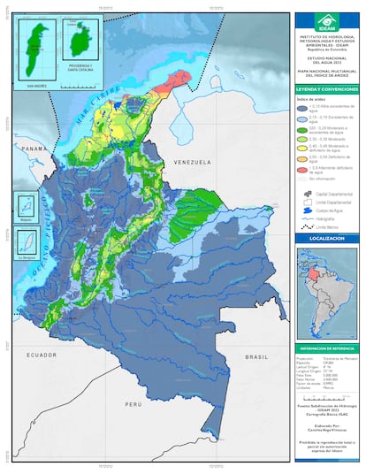 Mapa del índice de aridez de 2022 de Colombia. En rojo, la Alta Guajira.