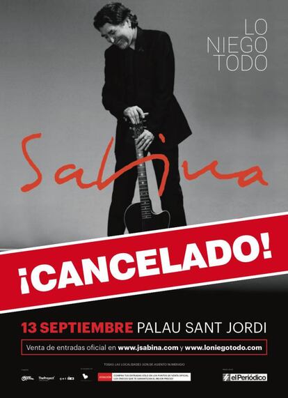 <p><strong>Quién, dónde y cuándo.</strong> Joaquín Sabina. 13 de septiembre de 2017. Barcelona. <strong><br />Por qué se canceló. </strong> De un tiempo a esta parte, Joaquín Sabina está copando más titulares de los que cualquiera desearía por cancelaciones de conciertos relacionadas con problemas de salud. El 13 de septiembre de 2017 lo anunciaba así la promotora de su concierto con entradas agotadas en la Ciudad Condal: "Lamentamos comunicar que, por prescripción médica y debido a un cuadro severo de gastroenteritis aguda, Joaquín Sabina se ve obligado a cancelar el concierto previsto esta noche en el Palau Sant Jordi y el del próximo sábado 16 de septiembre en la Plaza de Toros de Granada. Sentimos las molestias que este desafortunado episodio haya podido ocasionar. El importe de las entradas será devuelto en los canales donde fueron adquiridas". <strong><br />Momento de máxima tensión.</strong> Pasados dos minutos de las siete de la tarde, la promotora The Project confirmaba la suspensión con <a href="https://www.facebook.com/theprojectbcn/posts/1891873917496206" target="_blank">un mensaje en Facebook</a> al que muchos se negaban a dar credibilidad. Sin embargo, la noticia se confirmó. Este comentario en redes sociales de un afectado ofrece una idea de lo que provocan estas cancelaciones de última hora: "Que Joaquín Sabina le explique a mi novia que después de gastarse su sueldo en darme la sorpresa no hay concierto. Después de 7 horas de viaje de ida y otras 7 horas de vuelta, con su correspondiente gasto de gasolina, hotel, etcétera. No discuto que esté malo, ni sé el motivo, pero al menos se podía haber avisado antes y nos habíamos ahorrado el cancelar nuestras vacaciones y el desembolso económico del viaje a Barcelona". En la imagen, el cartel del concierto cancelado.</p>