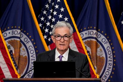 Jerome Powell, presidente de la Reserva Federal, en la rueda de prensa posterior a la reunión de política monetaria del pasado 20 de marzo.