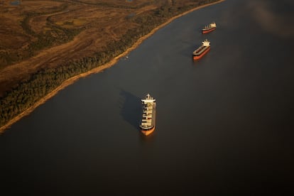 Buques que transportan las cosechas para la exportación, sobre el río Paraná.