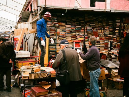 Dos hombres compran libros en el Persa Biobío, en Santiago (Chile).