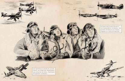 Doble página sobre la Batalla de Inglaterra en 'La Segunda Guerra Mundial, una historia gráfica', con dibujos de Eugènia Anglès.