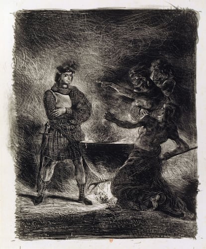 Litografía de Eugène Delacroix: 'Macbeth consultando a las brujas' (1825). París, Bibliothèque National de France.