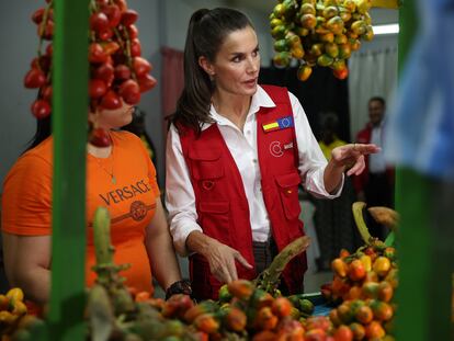 La reina Letizia durante un evento para conocer las actividades de varios emprendedores, en el barrio Santa Elena, en Cali (Colombia), el 14 de junio.