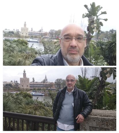 Para el final se ha elegido una práctica habitual que difícilmente da buenos resultados: los autorretratos. Los 'selfies', según advierte el fotógrafo, al estar hechos a muy pequeña distancia, hacen que las caras salgan algo deformadas. Siempre es mejor que alguien nos haga la fotografía, por dos motivos principales: se controla mejor la composición y la cámara trasera suele dar mucha mejor calidad de imagen que la frontal. En este caso, la persona ha quedado a la derecha y los monumentos a la izquierda para equilibrar la imagen. Para que esta sea más compacta y los monumentos tengan mayor dimensión, se ha utilizado el zoom de la cámara desde una posición alejada del sujeto.