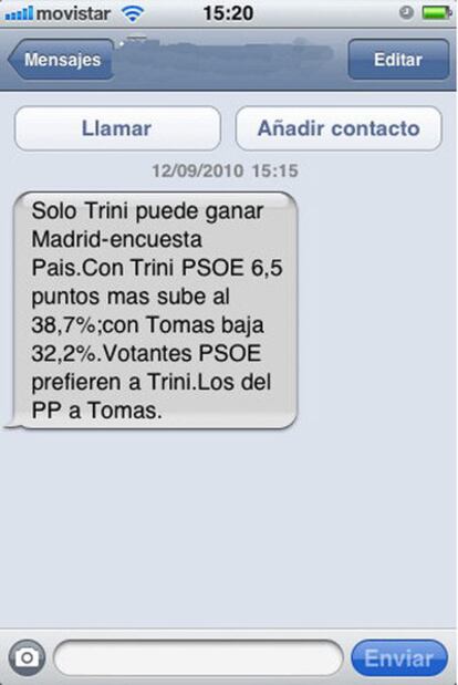 A la derecha, SMS en apoyo de Jiménez recibido por militantes del PSM.